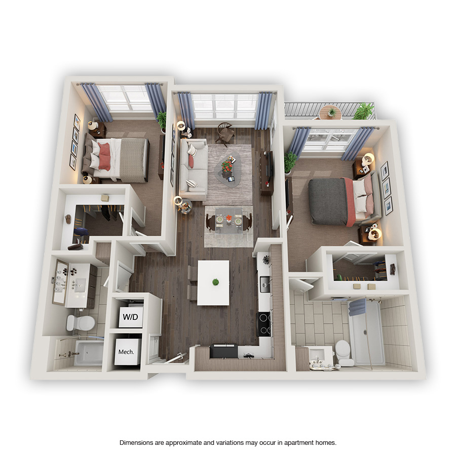 Rendering of the Olive floor plan with 2 bedroom[s] and 2 bathroom[s] at Griffis North Olive