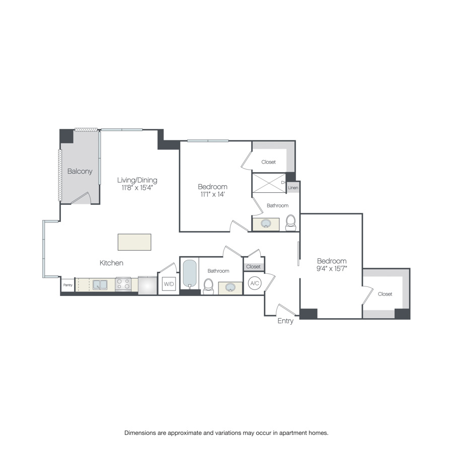 Rendering of the Fairmont floor plan with 2 bedroom[s] and 2 bathroom[s] at Griffis Edgemoor