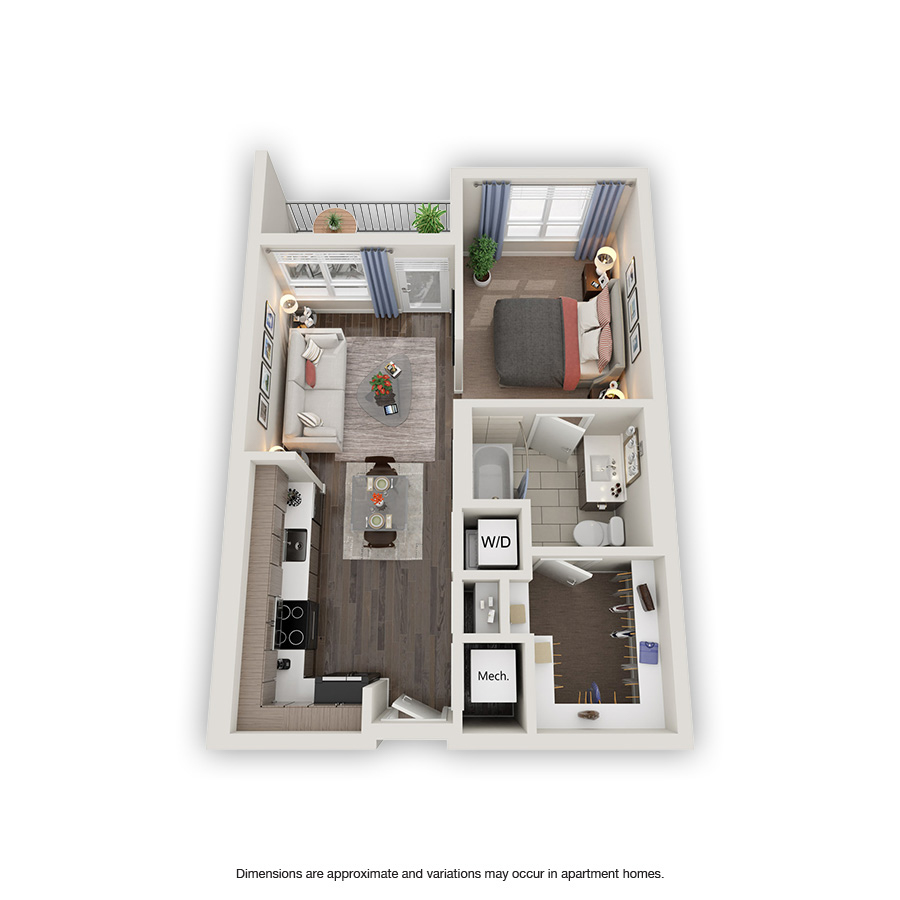 Rendering of the Banyan floor plan with a Studio bedroom and 1 bathroom[s] at Griffis North Olive