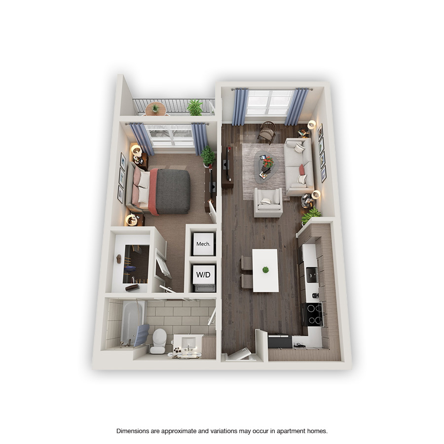 Rendering of the Fern floor plan with 1 bedroom[s] and 1 bathroom[s] at Griffis North Olive
