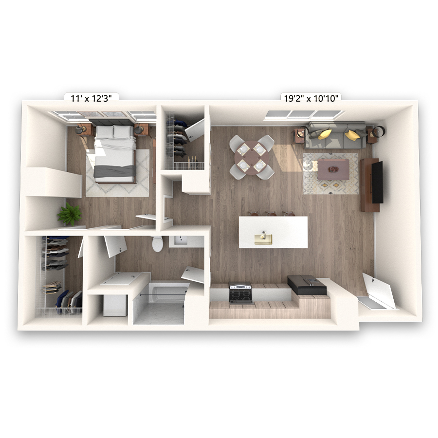 Rendering of the Elbert floor plan with 1 bedroom[s] and 1 bathroom[s] at Griffis LoDo