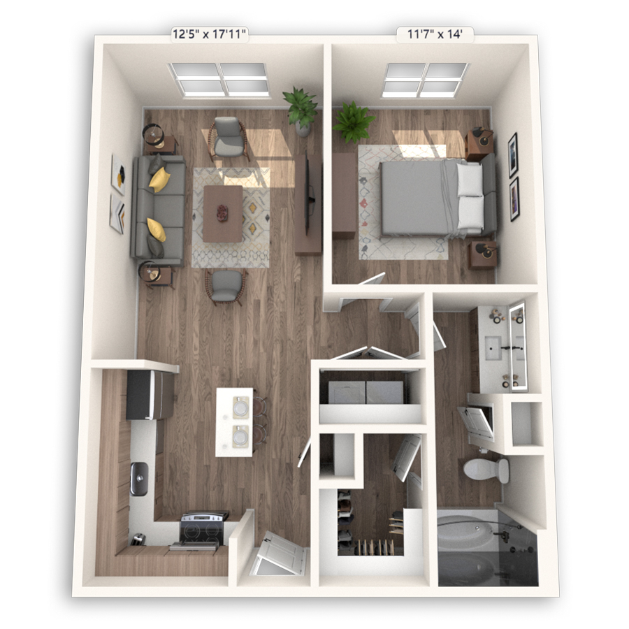 Rendering of the Dubai floor plan with 1 bedroom[s] and 1 bathroom[s] at Griffis at The Domain