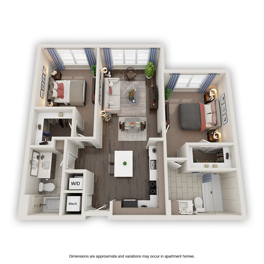 Rendering of the Quadrille floor plan with 2 bedroom[s] and 2 bathroom[s] at Griffis North Olive