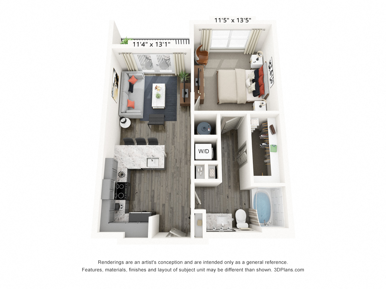Rendering of the Eldorado floor plan with 1 bedroom[s] and 1 bathroom[s] at Griffis Frisco