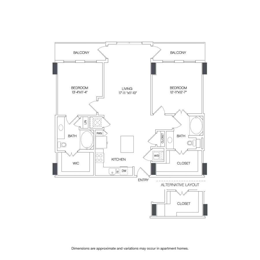 Rendering of the Parr floor plan with 2 bedroom[s] and 2 bathroom[s] at Griffis Uptown