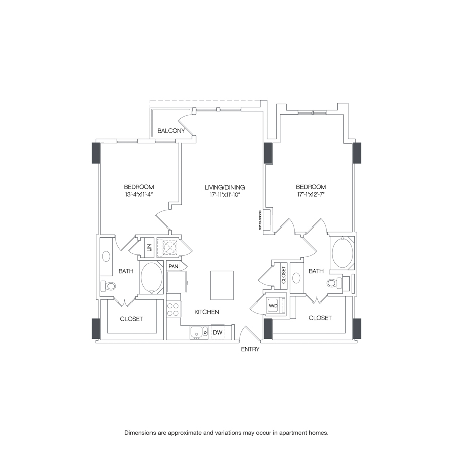 Rendering of the Piedmont floor plan with 2 bedroom[s] and 2 bathroom[s] at Griffis Uptown