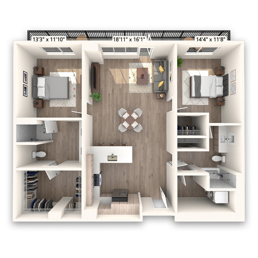 Rendering of the Torreys Platinum floor plan with 2 bedroom[s] and 2 bathroom[s] at Griffis LoDo