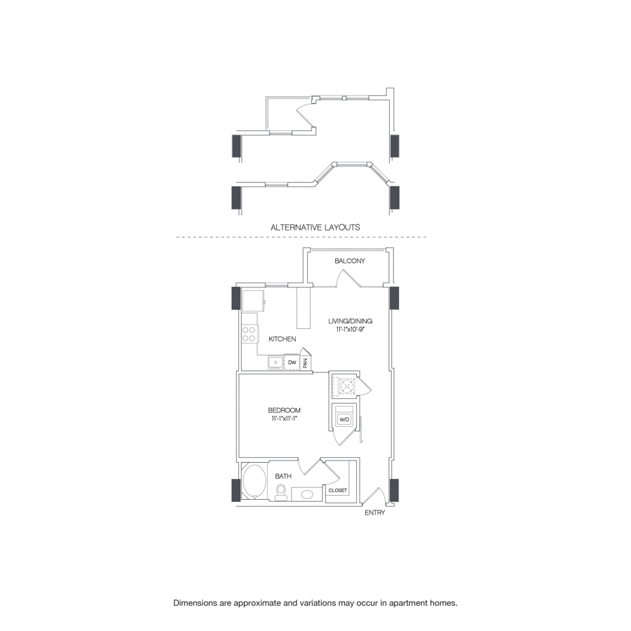Rendering of the Bachman floor plan with 1 bedroom[s] and 1 bathroom[s] at Griffis Uptown