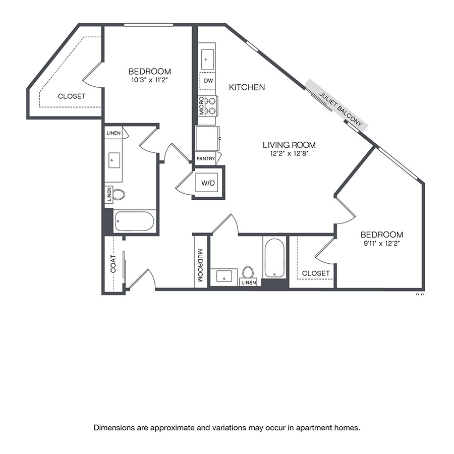Rendering of the Springdale floor plan with 2 bedroom[s] and 2 bathroom[s] at Griffis Shoreline