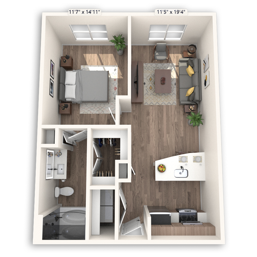 Rendering of the Milan Platinum floor plan with 1 bedroom[s] and 1 bathroom[s] at Griffis at The Domain