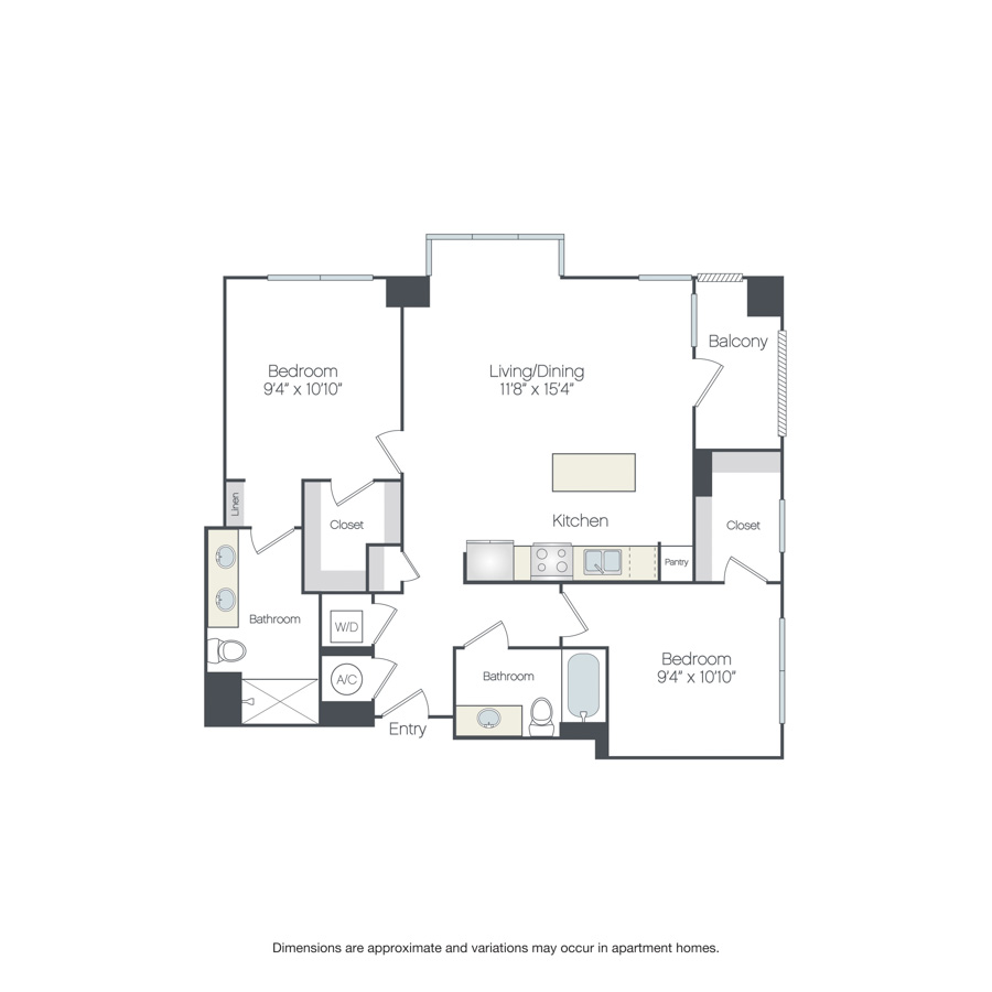 Rendering of the Lucas floor plan with 2 bedroom[s] and 2 bathroom[s] at Griffis Edgemoor