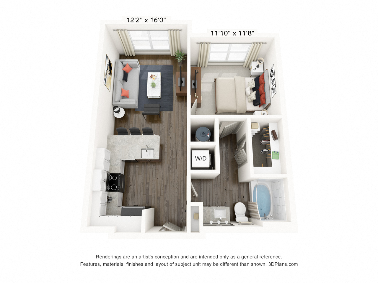 Rendering of the Dallas floor plan with 1 bedroom[s] and 1 bathroom[s] at Griffis Frisco