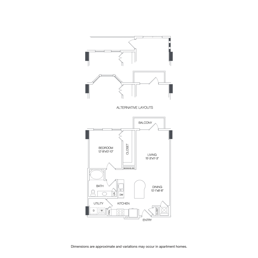 Rendering of the Heritage floor plan with 1 bedroom[s] and 1 bathroom[s] at Griffis Uptown