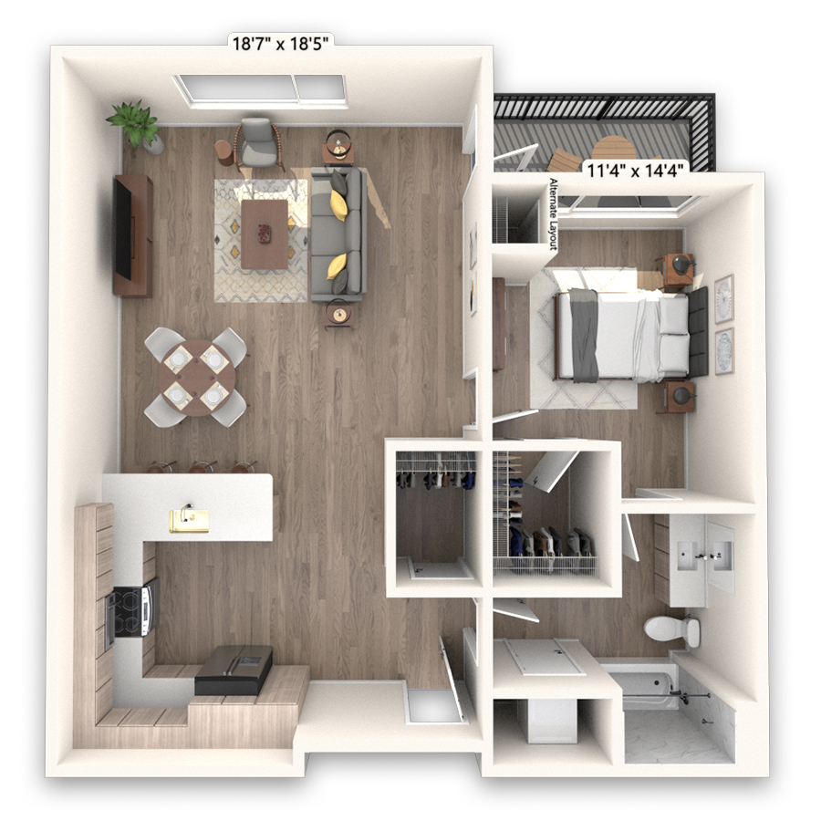 Rendering of the Longs floor plan with 1 bedroom[s] and 1 bathroom[s] at Griffis LoDo