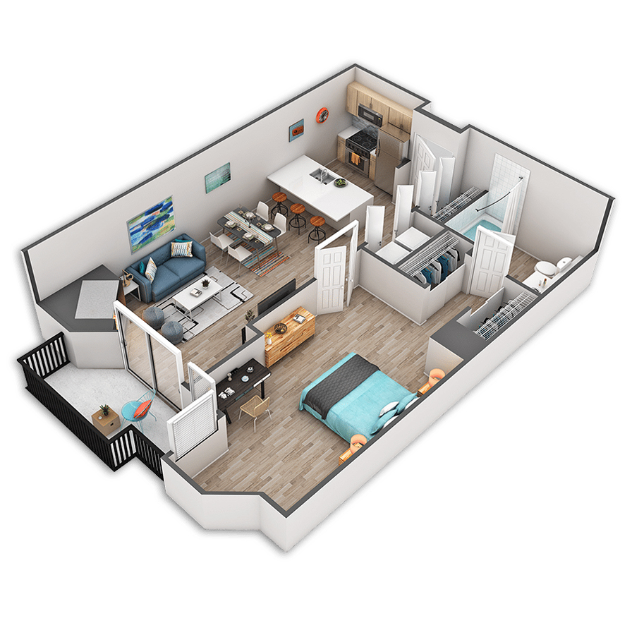 Rendering of the Stewart Platinum floor plan with 1 bedroom[s] and 1 bathroom[s] at Griffis Belltown
