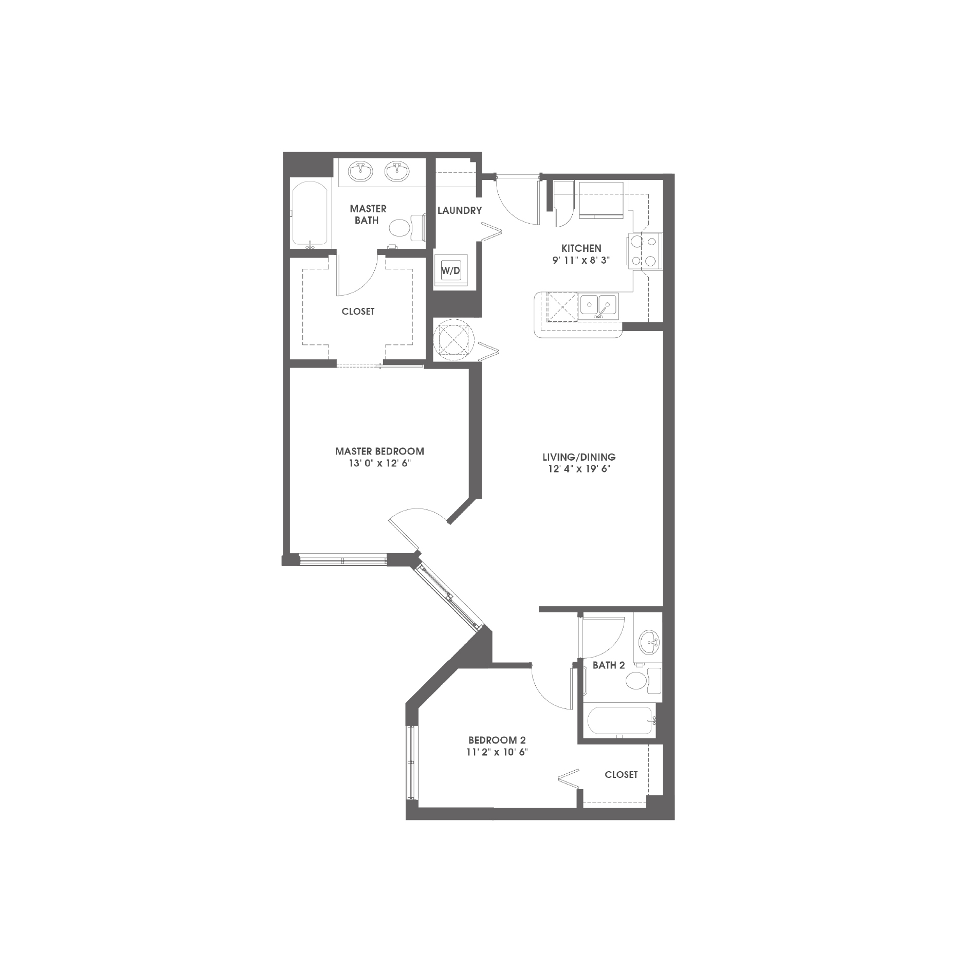 Rendering of the Hallandale floor plan with 2 bedroom[s] and 2 bathroom[s] at Griffis Pompano Beach