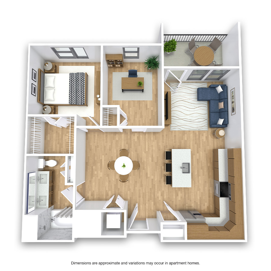 Rendering of the Mission Platinum floor plan with 1 bedroom[s] and 1 bathroom[s] at Griffis at Fiddler's Green