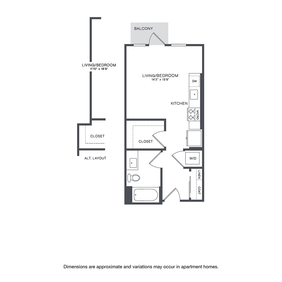 Rendering of the Ashworth floor plan with a Studio bedroom and 1 bathroom[s] at Griffis Shoreline