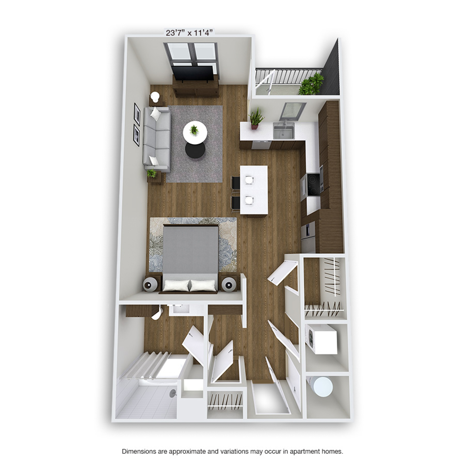 Rendering of the Ash floor plan with a Studio bedroom and 1 bathroom[s] at Griffis Cherry Creek North