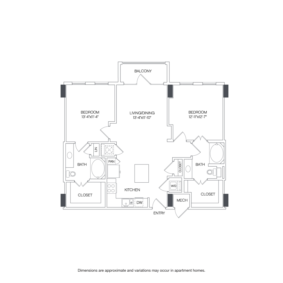 Rendering of the Northaven floor plan with 2 bedroom[s] and 2 bathroom[s] at Griffis Uptown