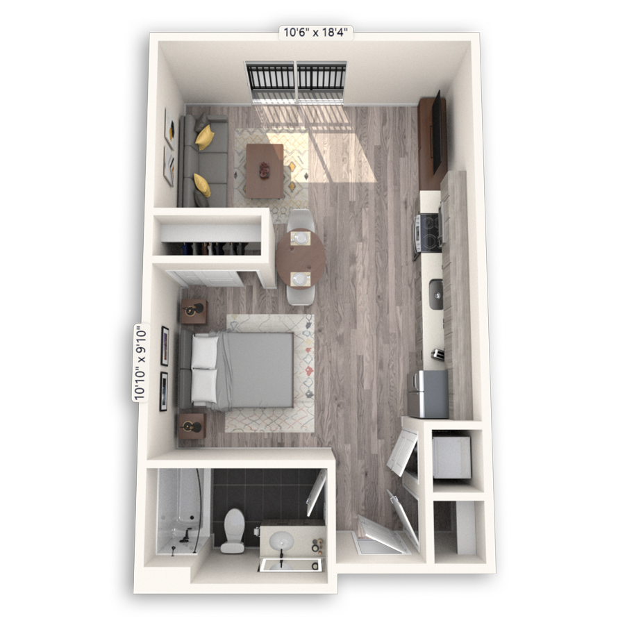Rendering of the Echo floor plan with a Studio bedroom and 1 bathroom[s] at Griffis Cheesman Park
