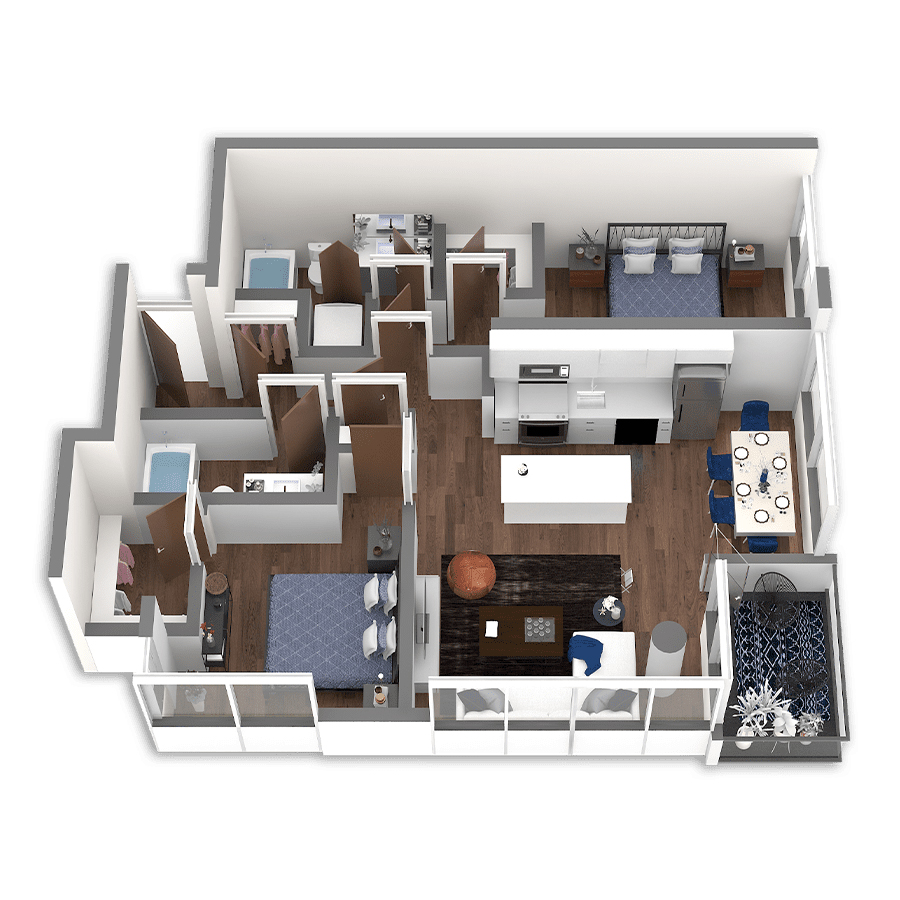Rendering of the Row Platinum floor plan with 2 bedroom[s] and 2 bathroom[s] at Griffis South Waterfront
