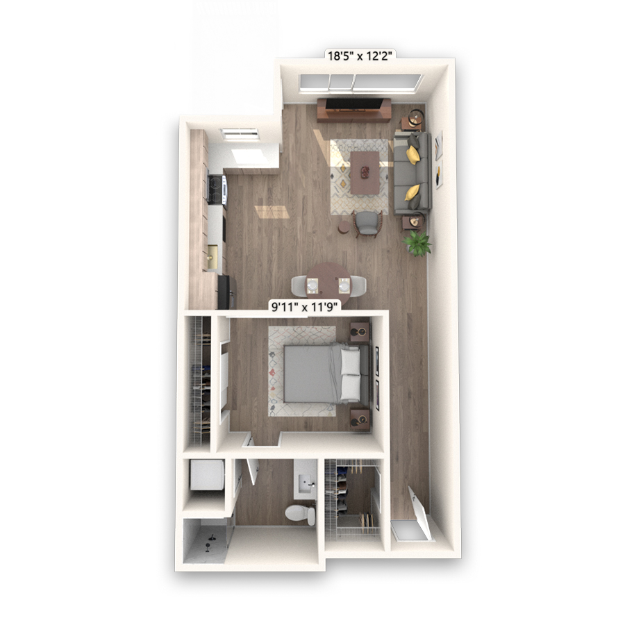Rendering of the Columbia Platinum floor plan with 1 bedroom[s] and 1 bathroom[s] at Griffis LoDo