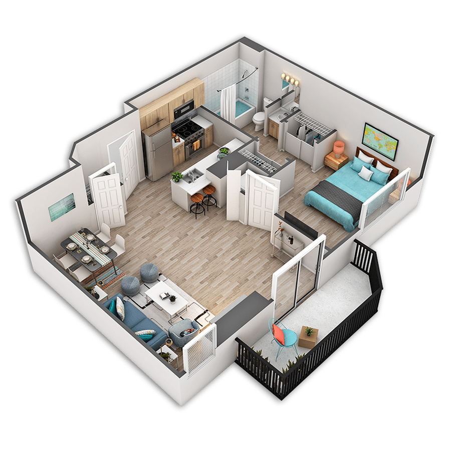 Rendering of the Bell floor plan with 1 bedroom[s] and 1 bathroom[s] at Griffis Belltown