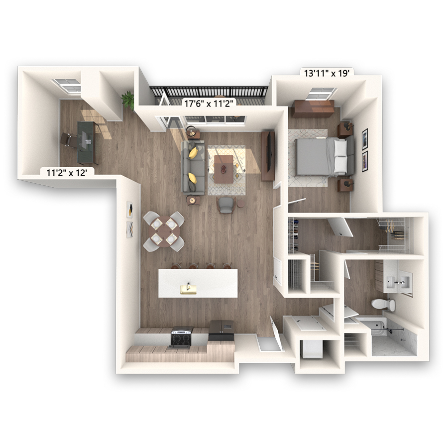 Rendering of the Maroon Platinum floor plan with 1 bedroom[s] and 1 bathroom[s] at Griffis LoDo