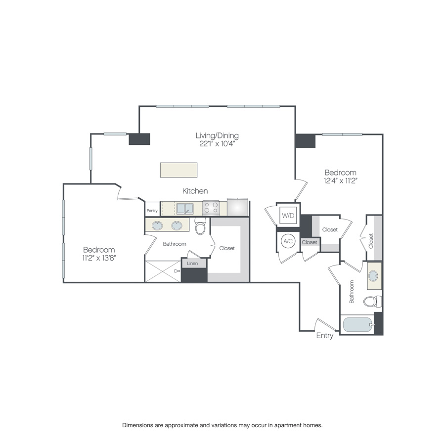 Rendering of the Montgomery floor plan with 2 bedroom[s] and 2 bathroom[s] at Griffis Edgemoor