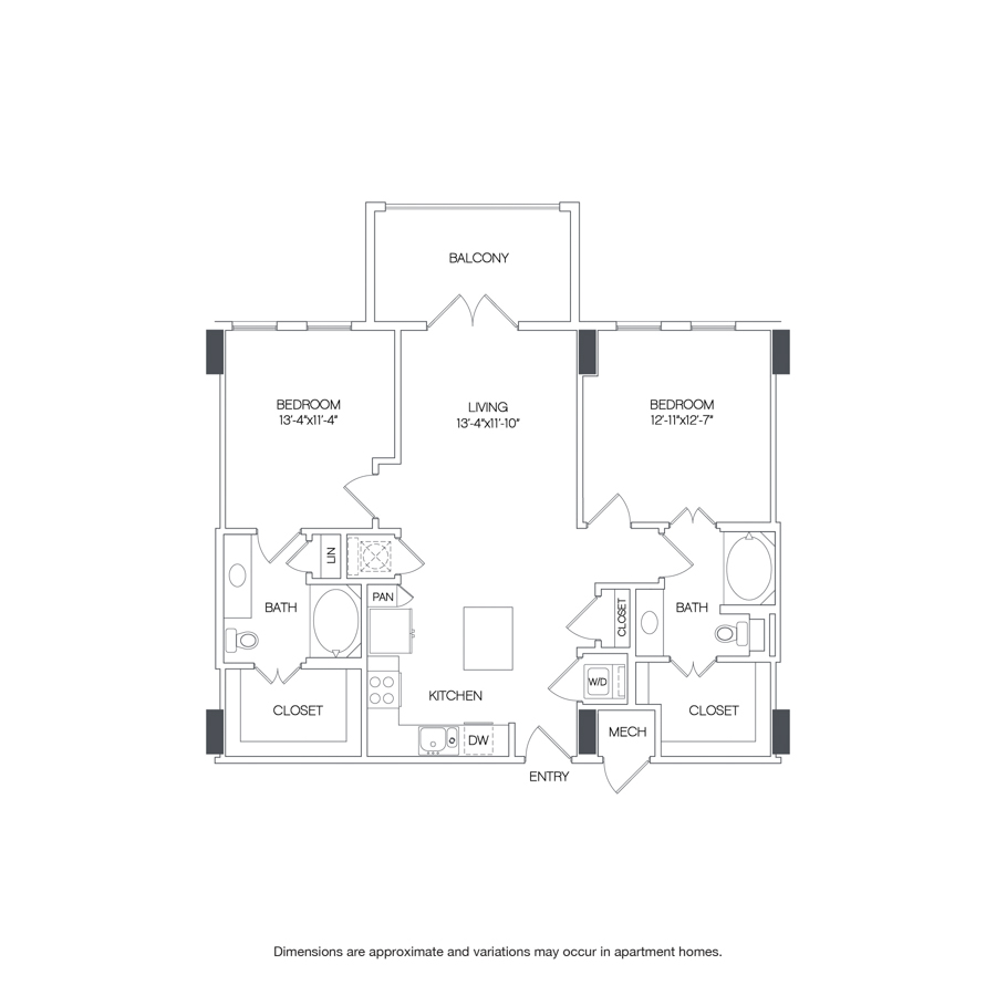 Rendering of the Hutton floor plan with 2 bedroom[s] and 2 bathroom[s] at Griffis Uptown