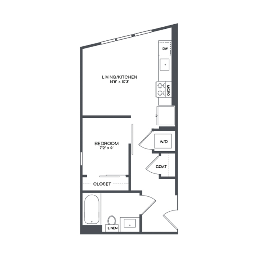 Rendering of the Dayton floor plan with 1 bedroom[s] and 1 bathroom[s] at Griffis Shoreline