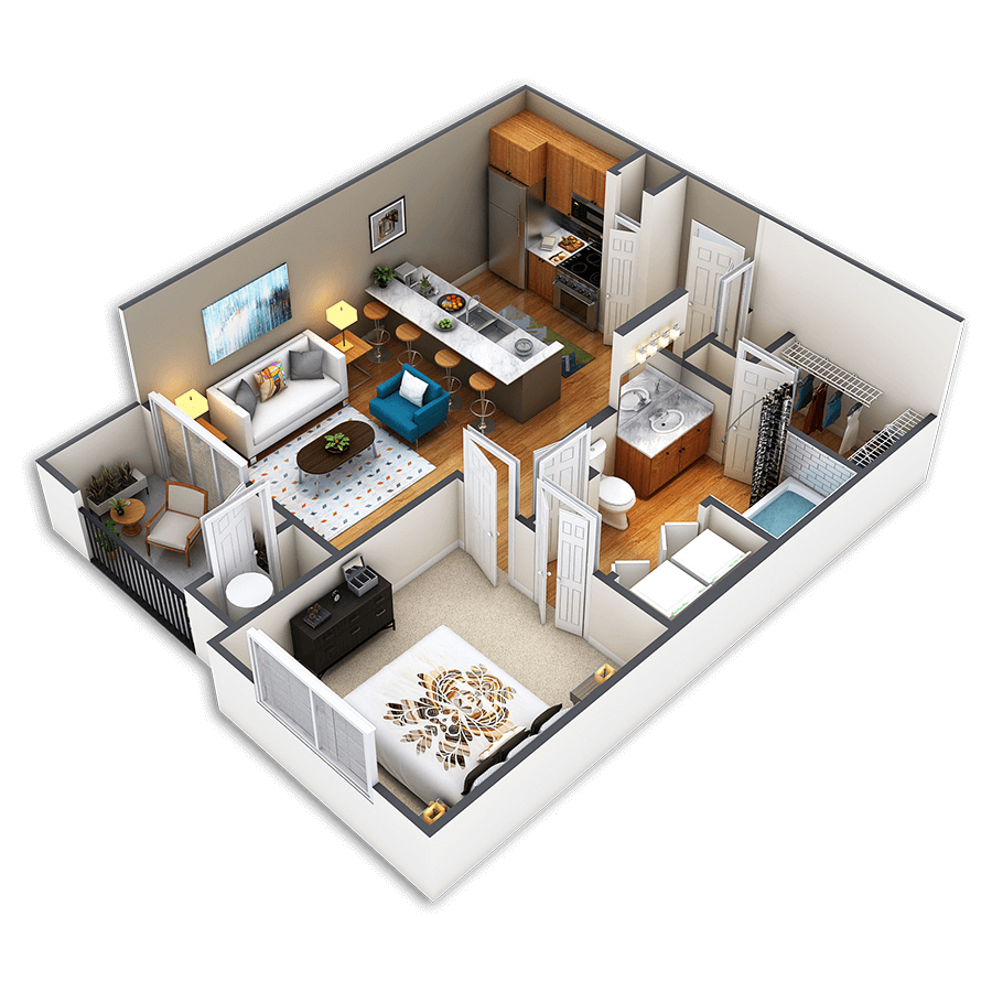 Rendering of the Broadway Platinum floor plan with 1 bedroom[s] and 1 bathroom[s] at Griffis Fitzsimons South