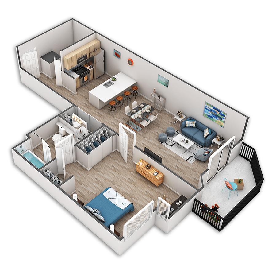 Rendering of the Meridian floor plan with 1 bedroom[s] and 1 bathroom[s] at Griffis Belltown