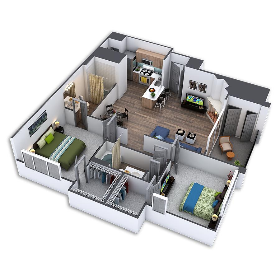 Rendering of the Zephyr Custom floor plan with 2 bedroom[s] and 2 bathroom[s] at Griffis Belleview Station