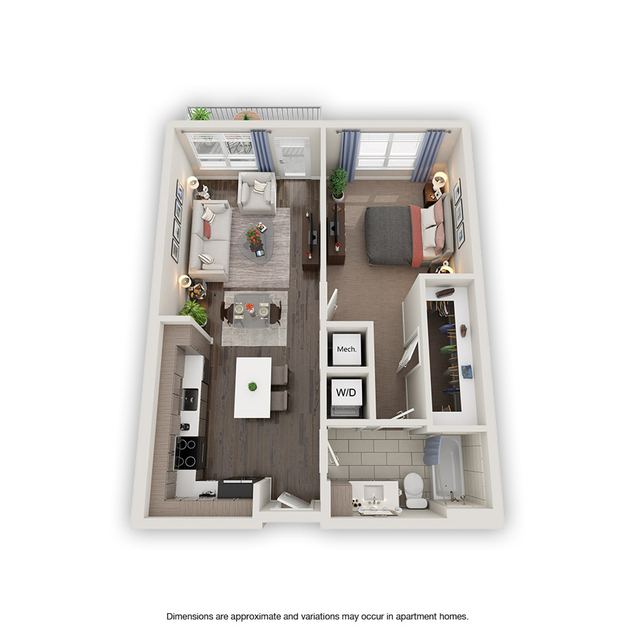 Rendering of the Hibiscus floor plan with 1 bedroom[s] and 1 bathroom[s] at Griffis North Olive