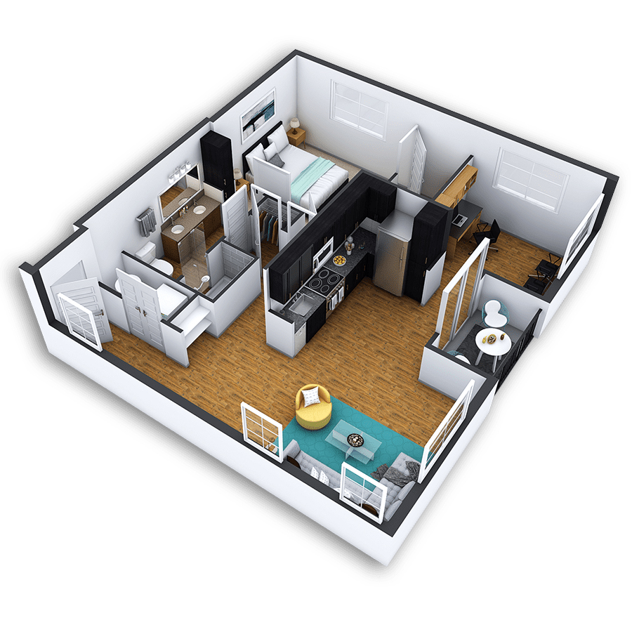 Rendering of the Hilltop Platinum floor plan with 1 bedroom[s] and 1 bathroom[s] at Griffis North Union