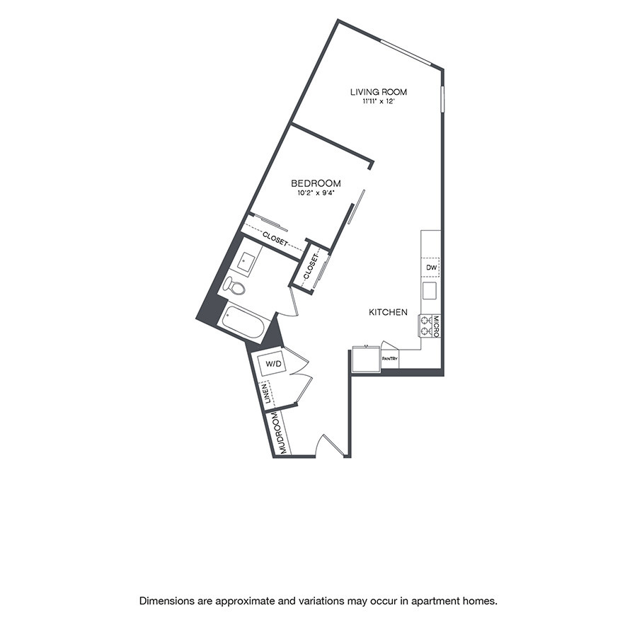 Rendering of the Fremont floor plan with 1 bedroom[s] and 1 bathroom[s] at Griffis Shoreline