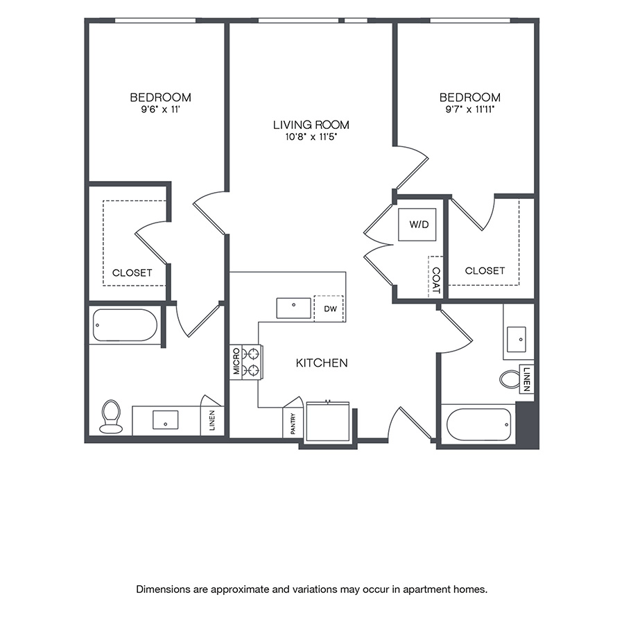 Rendering of the Oakwood Affordable floor plan with 2 bedroom[s] and 2 bathroom[s] at Griffis Shoreline