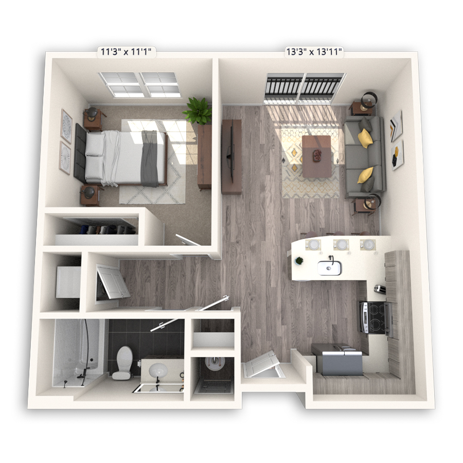 Rendering of the Belmar Platinum floor plan with 1 bedroom[s] and 1 bathroom[s] at Griffis Cheesman Park