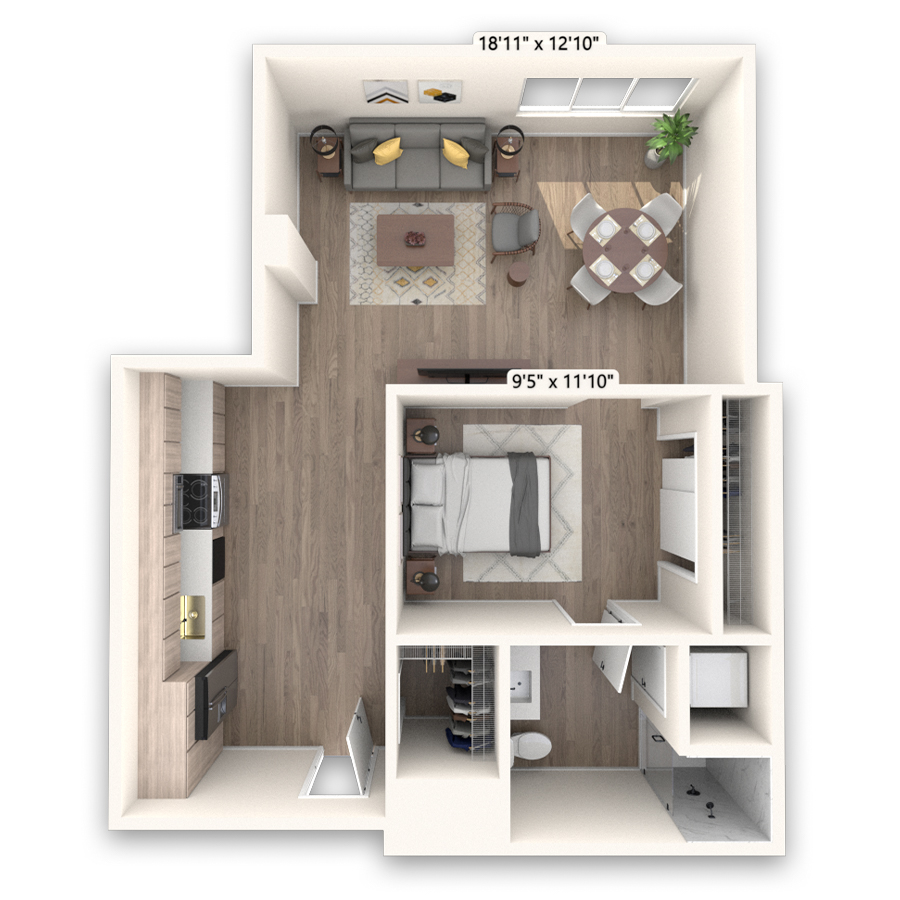 Rendering of the Challenger floor plan with 1 bedroom[s] and 1 bathroom[s] at Griffis LoDo