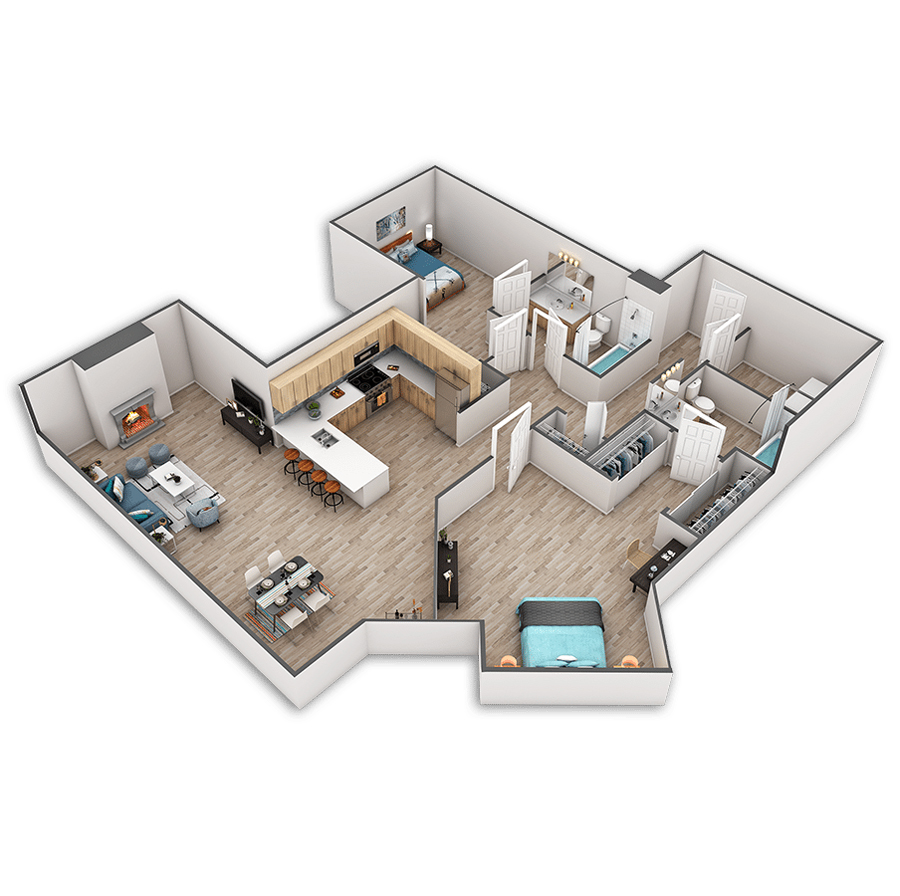 Rendering of the Royal floor plan with 2 bedroom[s] and 2 bathroom[s] at Griffis Belltown