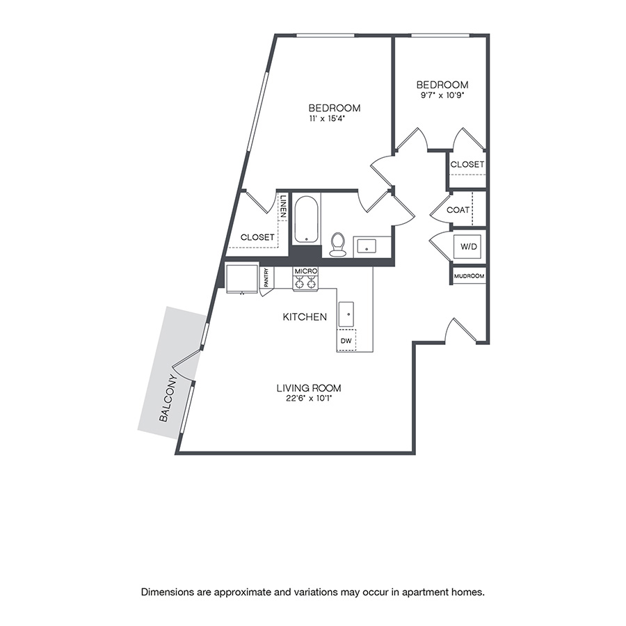 Rendering of the Phinney floor plan with 2 bedroom[s] and 1 bathroom[s] at Griffis Shoreline