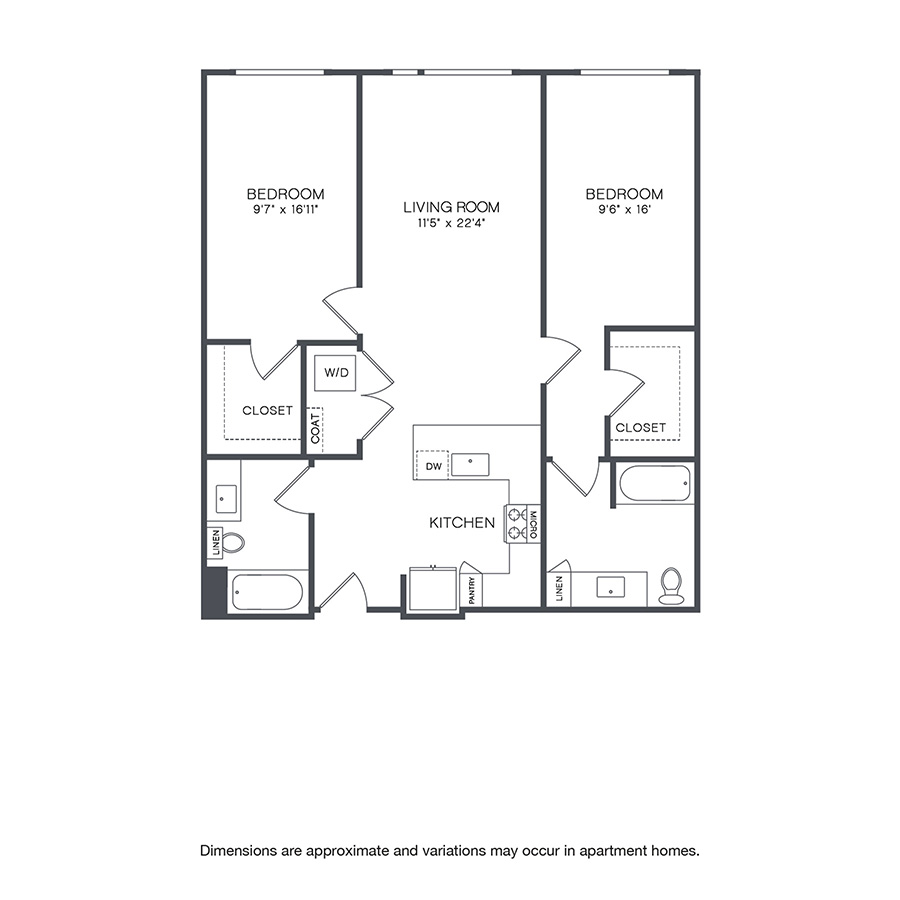 Rendering of the Wallace floor plan with 2 bedroom[s] and 2 bathroom[s] at Griffis Shoreline