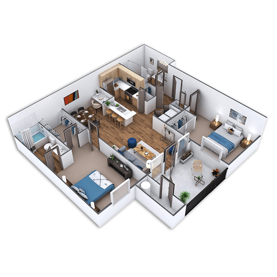 Rendering of the Golden floor plan with 2 bedroom[s] and 2 bathroom[s] at Griffis North Creek