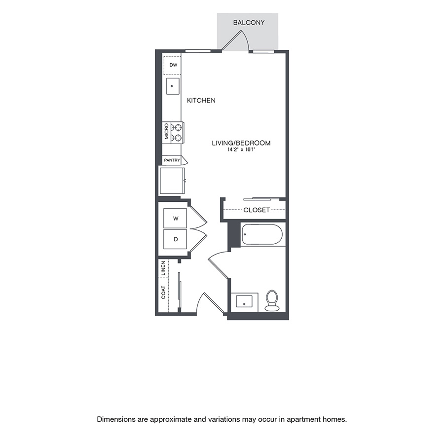 Rendering of the Bagley floor plan with a Studio bedroom and 1 bathroom[s] at Griffis Shoreline