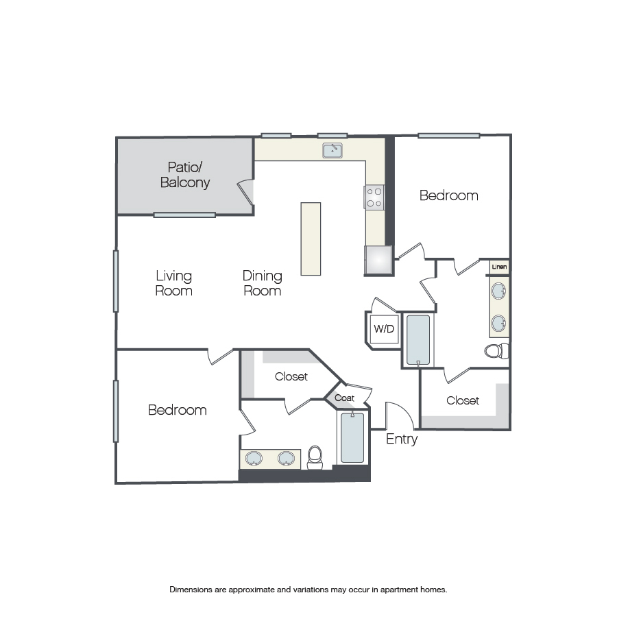 Rendering of the Pioneer floor plan with 2 bedroom[s] and 2 bathroom[s] at Griffis Platinum Triangle