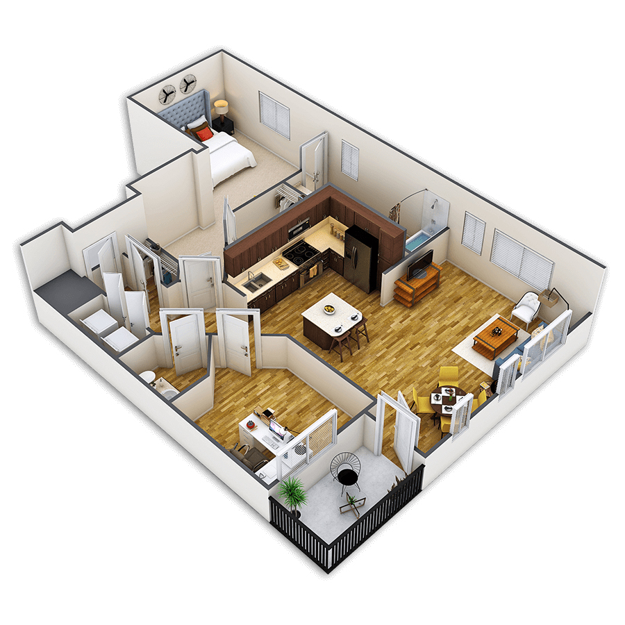 Rendering of the Platte floor plan with 1 bedroom[s] and 1.5 bathroom[s] at Griffis Union Station
