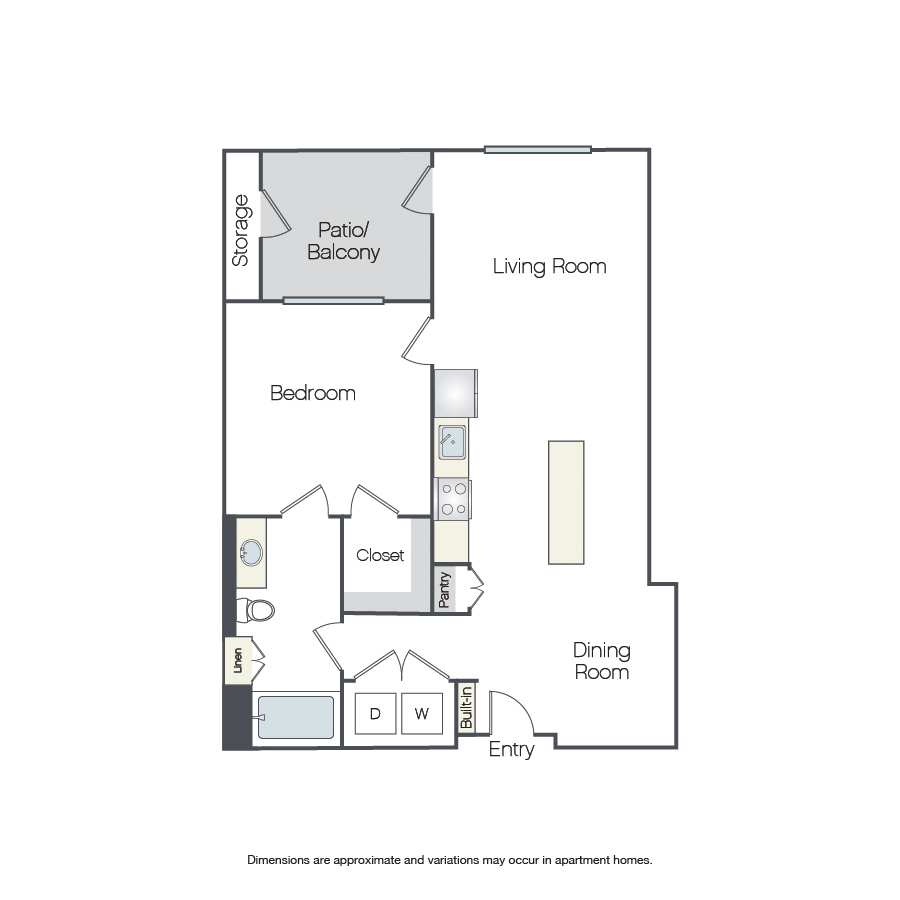 Rendering of the Eucalyptus floor plan with 1 bedroom[s] and 1 bathroom[s] at Griffis Platinum Triangle