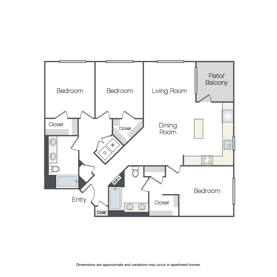 Rendering of the Sage floor plan with 3 bedroom[s] and 2 bathroom[s] at Griffis Platinum Triangle